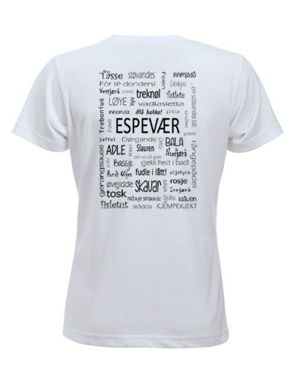 t-skjorte Espevær dialket sort tekst på hvit t-skjorte