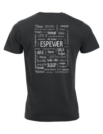 t-skjorte-Espevær-dialekt-sort-hvitVinyl-bak